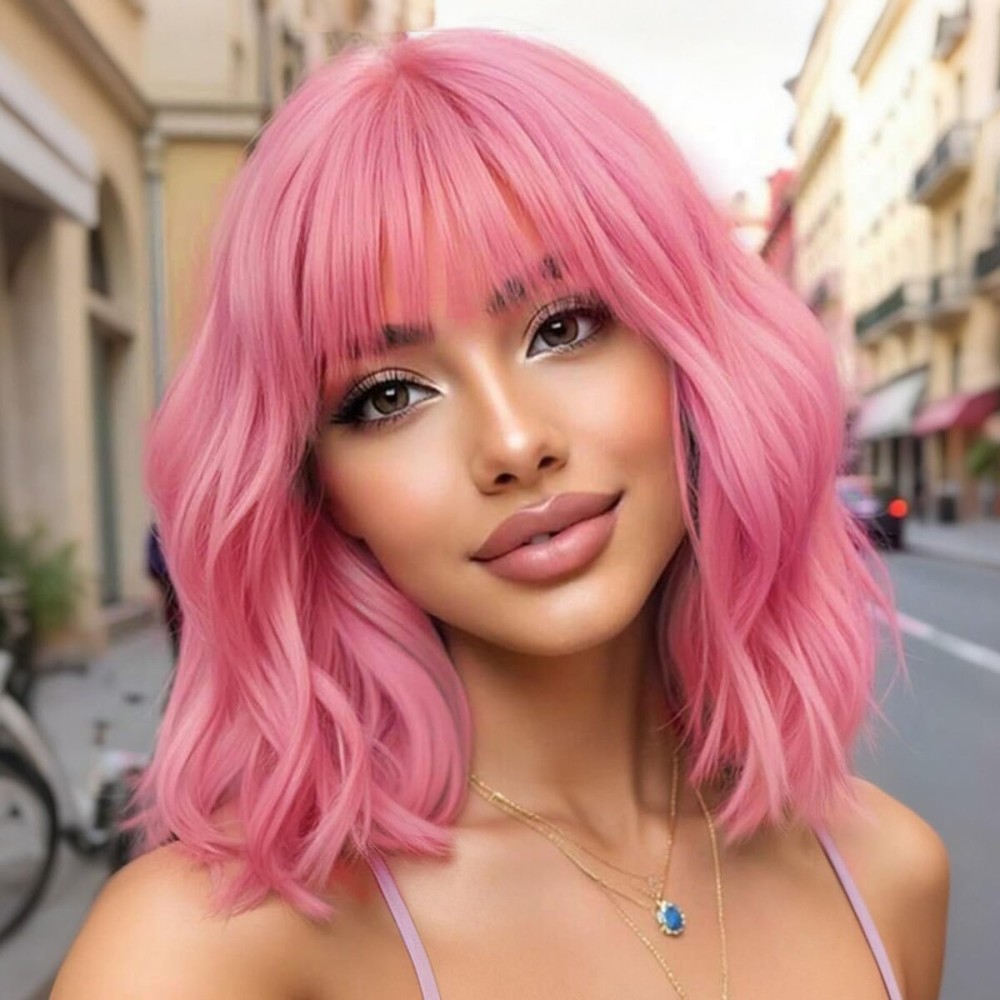 Nnzes Short Wavy Bob Wig with Bangs for Women Shoulder Length Curly Pink Synthetic Heat-Resistant Fiber Hair for Daily & Party Use