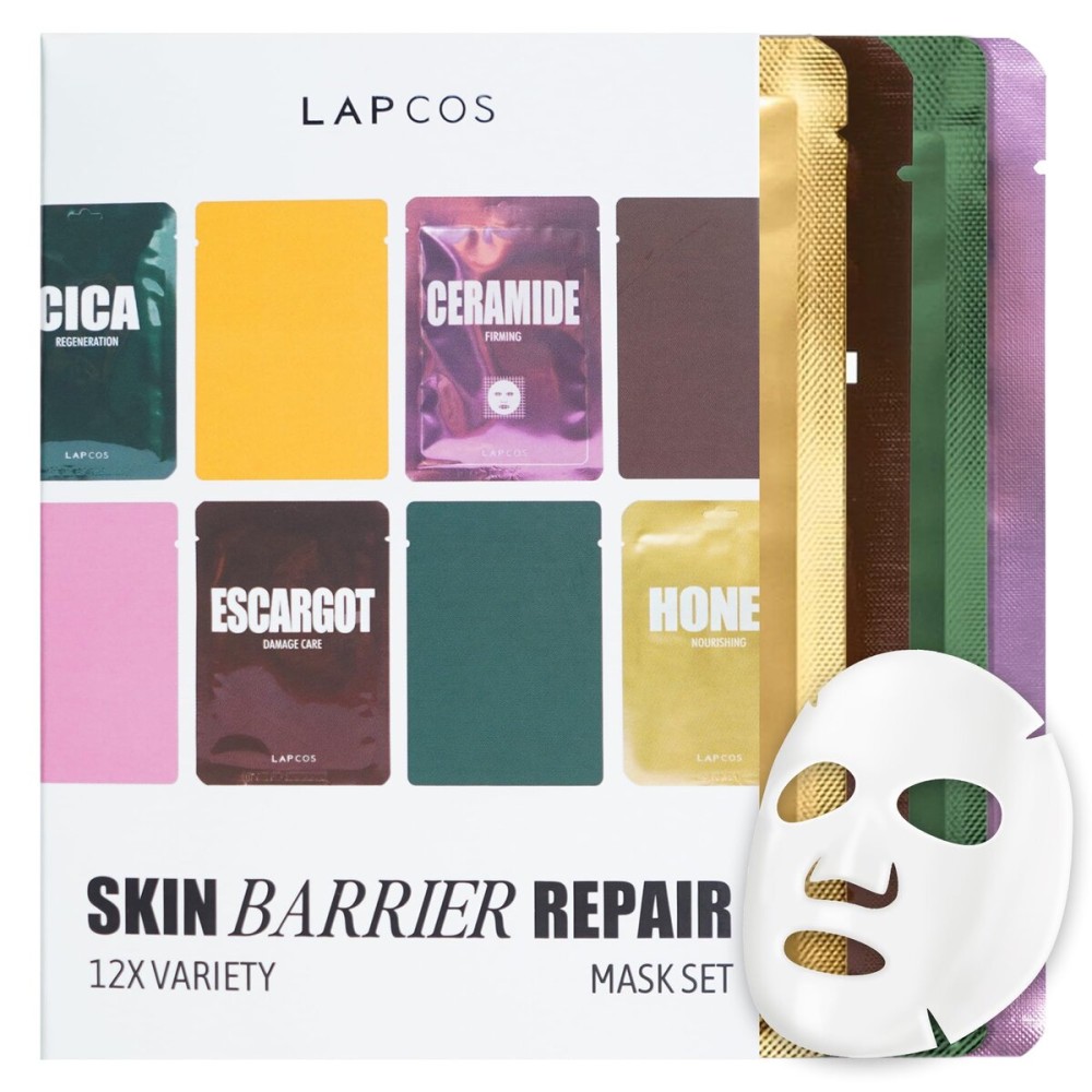 LAPCOS Skin Barrier Repair Sheet Mask Variety Pack - Escargot, Cica, Ceramide, Honey 4 Types of Face Mask Set - Daily Korean Skin Care w/Snail Mucin, Centella Asiatica & Niacinamide (12 ea)