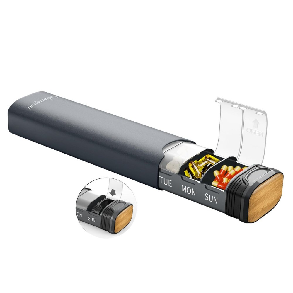 Metal Weekly Pill Organizer, Serfeymi Aluminum Daily Pill Box(Spare Gasket Provided),7 Day Pill Case Travel Medicine Organizer,Pill Containers with Individual Lid for Vitamins,Pills, Supplement-Gray