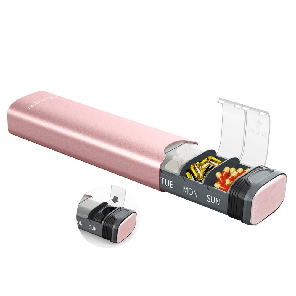 Metal Weekly Pill Organizer, Serfeymi Aluminum Daily Pill Box(Spare Gasket Provided),7 Day Pill Case Travel Medicine Organizer,Pill Containers with Individual Lid for Vitamins,Pills, Supplement-Pink