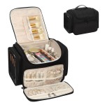 Large Makeup Bag with Jewelry Organizer, Travel Toiletry Bag for Women Girls with Makeup Brush Compartment & Two Side Pockets - XL Black