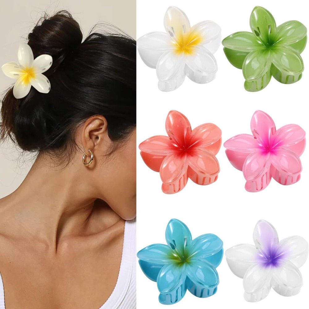 Hawaiian Flower Hair Clips - 6 Pack Colorful Claw Clips for Women & Girls, Large Aesthetic Hair Accessories for Thick or Thin Hair, Summer Beach Vacation Gift