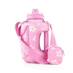 Ello Hydra 64oz Half Gallon Water Jug with Bottle Bag Handle and Motivational Time Markers for All Day Hydration, Plastic Reusable Water Bottle with Straw and Locking, Leak Proof Lid, BPA Free, Daisy