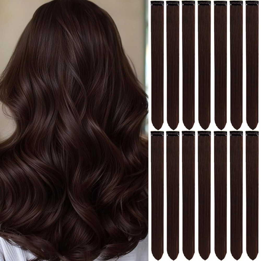 LADYAMZ Colored Hair Extensions 14 PCS, 20 In Dream Rainbow Clip in Hair Extensions Party Highlights, Colorful Long Straight Synthetic Hairpieces for Girls Women Kids Christmas New Year Gift(Brown)