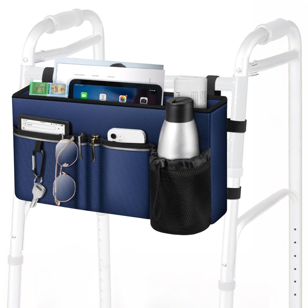 FINPAC Large Walker Tote Bag with Cup Holder, Folding Walker Attachment Hands-Free Storage Basket Mobility Aid Accessory Pouch for Elderly, Senior, Navy Blue