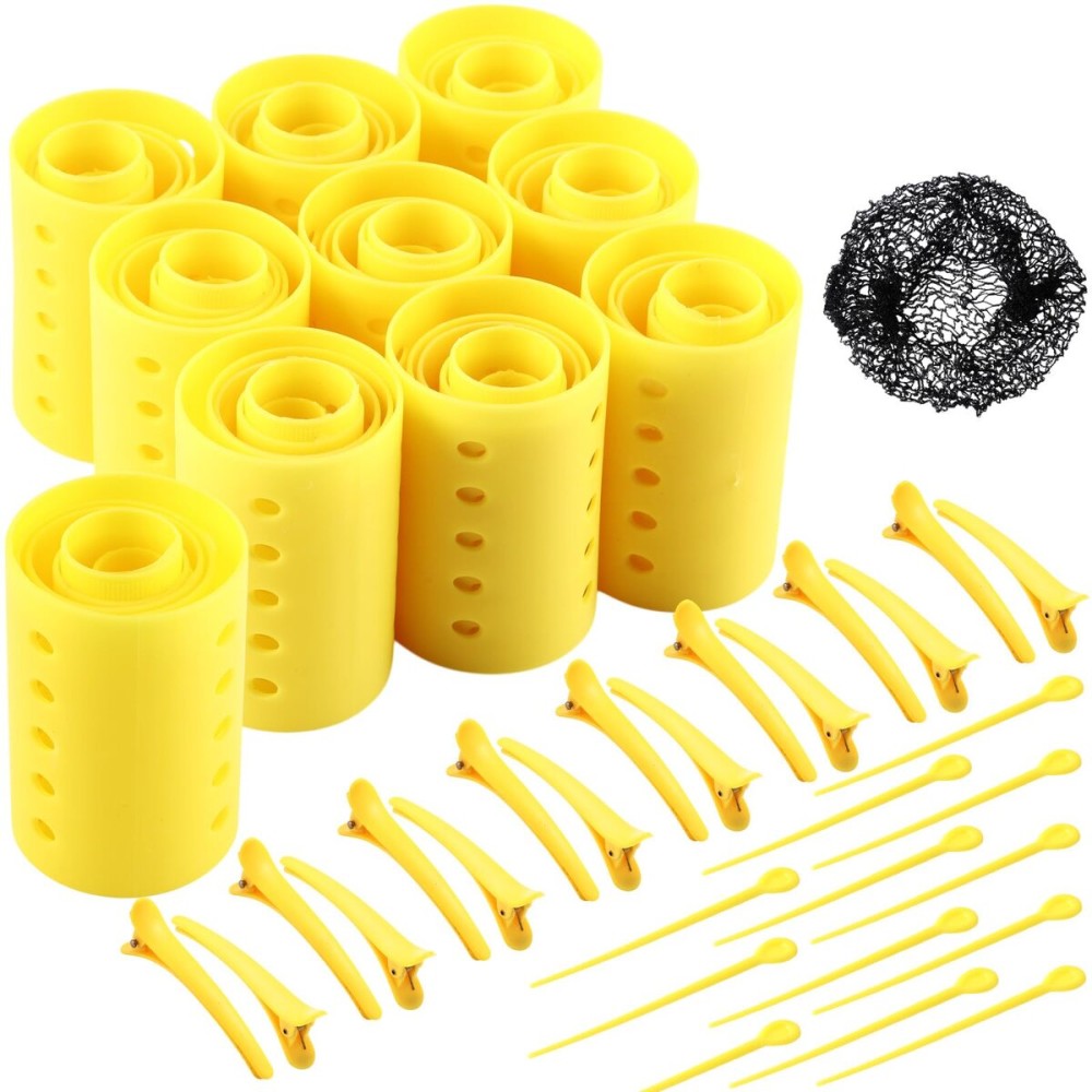 WILLBOND 141 Pieces Hair Rollers Set Include 60 Plastic Hair Rollers(Yellow,6 Sizes)