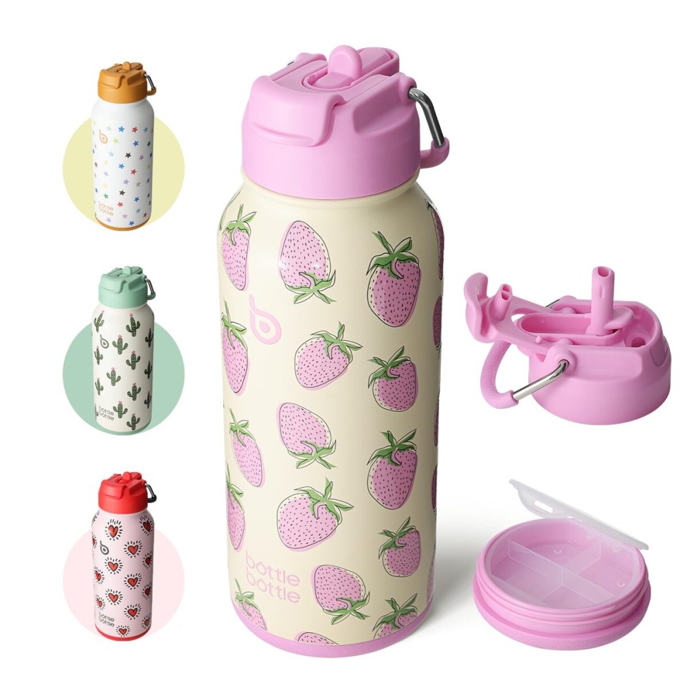 BOTTLE BOTTLE 32oz Insulated Water Bottle Stainless Steel Sport Water Bottle with Straw Dual-use Lid Design for Gym with Pill Box (Sweet Berry)