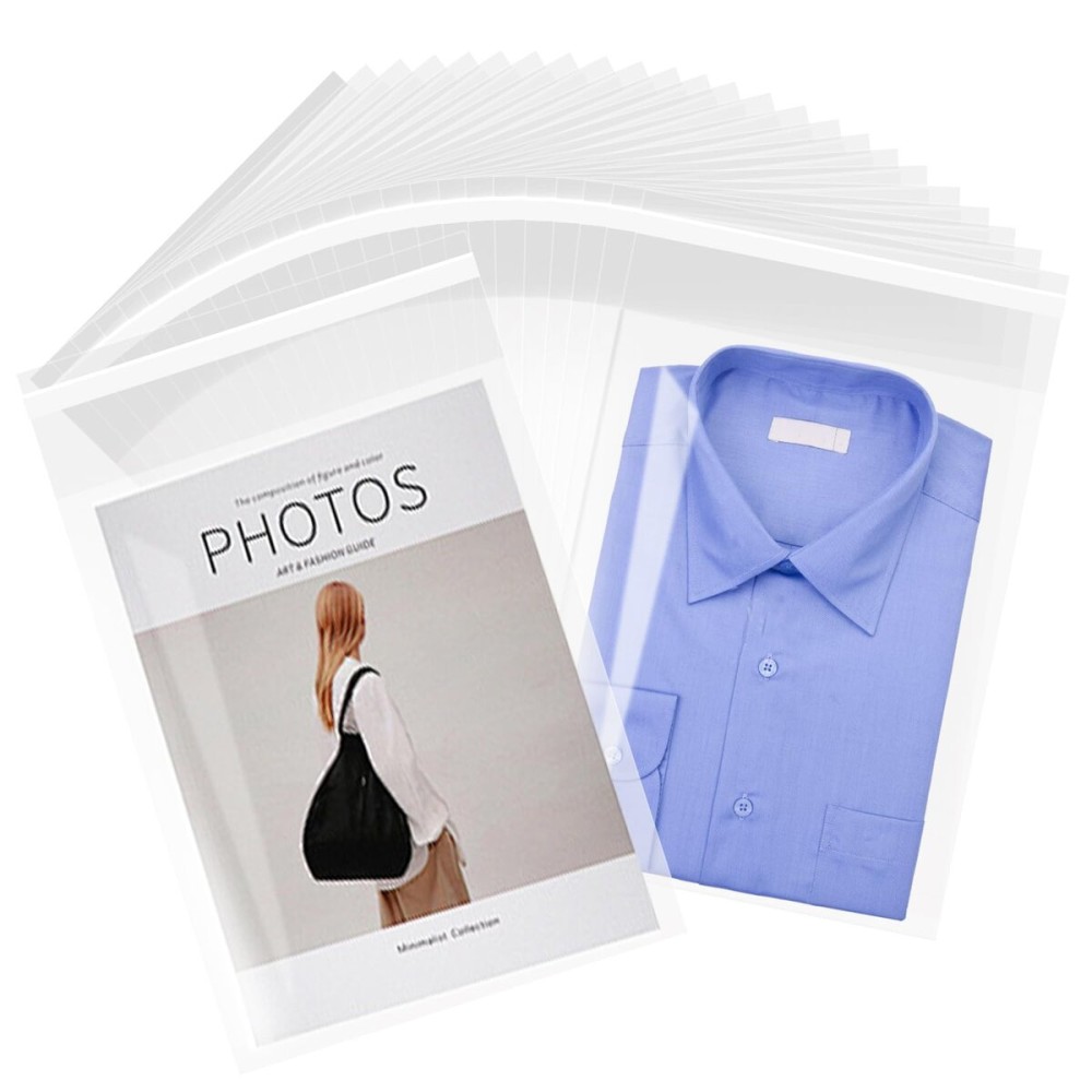 LEOSINDA Clear 100 Pcs Cellophane Bags 9.5 x 11.5 Self Seal Cello Cellophane Bags Adhensive Plastic Bag for Fits A4,Clothing, Decorative Wrappers, Party Favors, Artwork and Small Business Package