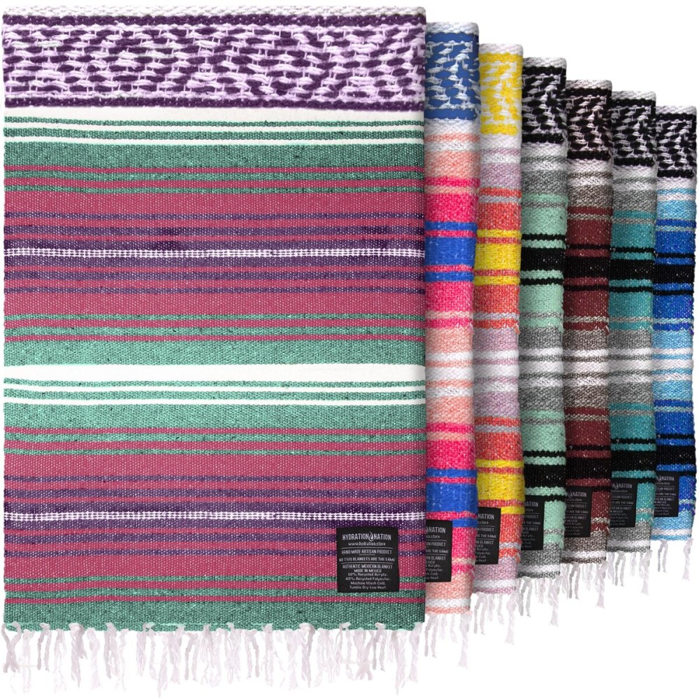 Hydration Nation Authentic Extra Large Mexican Blanket (70x50) - Handwoven Yoga, Serape- Artisanal Falsa, Beach, Camping, Picnic, Outdoor - Dawn