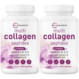Micro Ingredients 2 Pack Multi Collagen Pills for Women & Men, 480 Capsules | Type I, II, III, V, X | Hydrolyzed Peptides with Biotin, Hyaluronic Acid, & Fat Soluble Vitamin C Complex | Filler Free