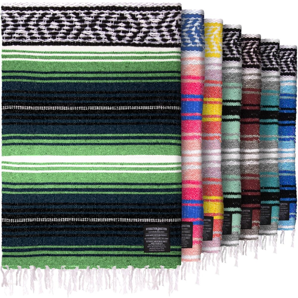 Hydration Nation Authentic Extra Large Mexican Blanket (70x50) - Handwoven Yoga, Serape- Artisanal Falsa, Beach, Camping, Picnic, Outdoor - Tropical Green