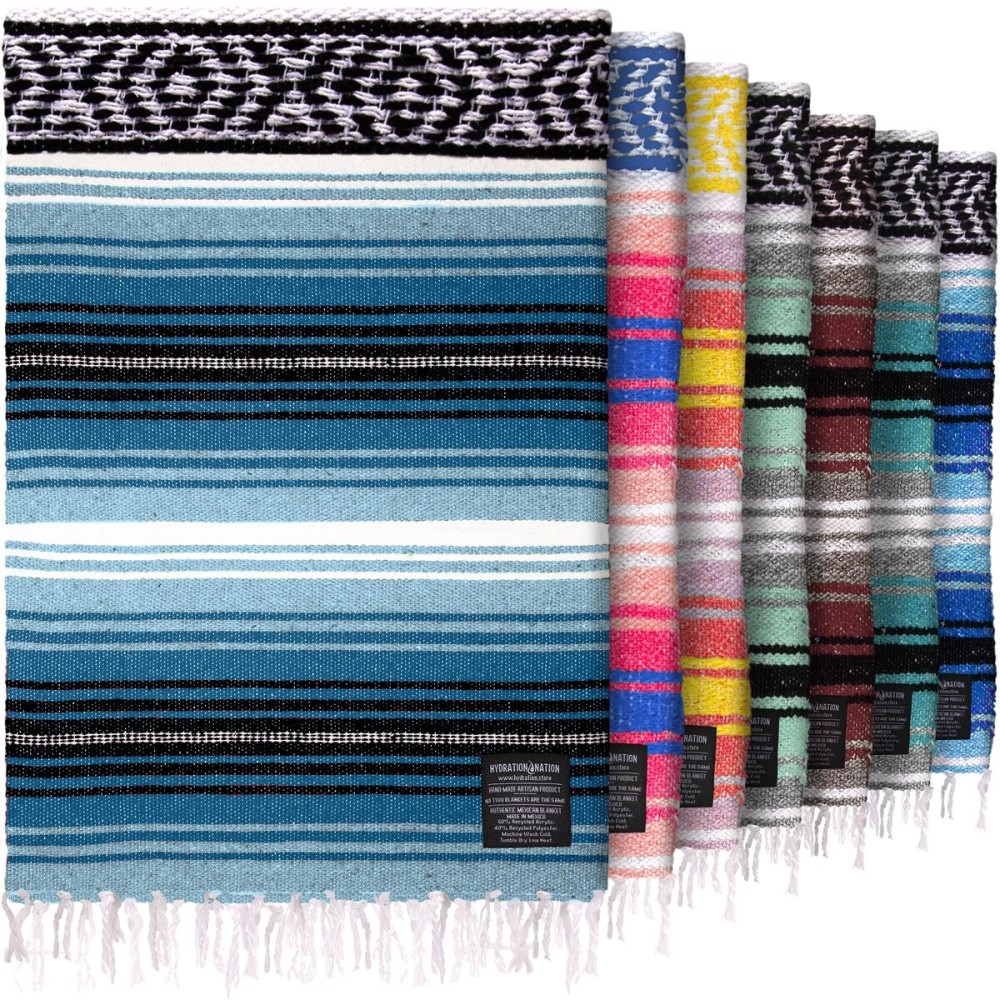 Hydration Nation Authentic Extra Large Mexican Blanket (70x50) - Handwoven Yoga, Serape- Artisanal Falsa, Beach, Camping, Picnic, Outdoor - Sky Blue