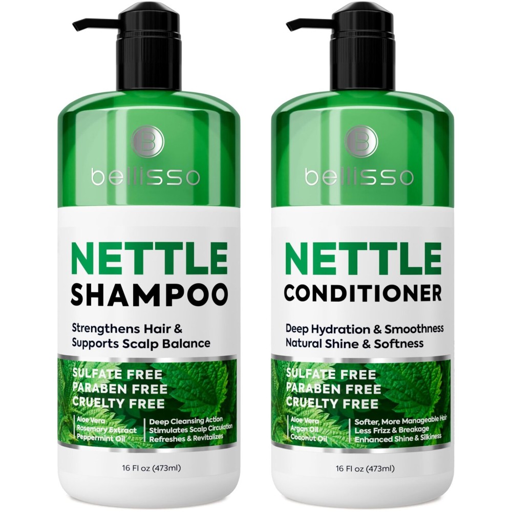 Nettle Shampoo and Conditioner Set - Sulfate Free to Boost Volume - Thickening, Strengthening, Volumizing Formula for Fine and Thinning Hair Women and Men - 16 Fl Oz (Pack of 2)