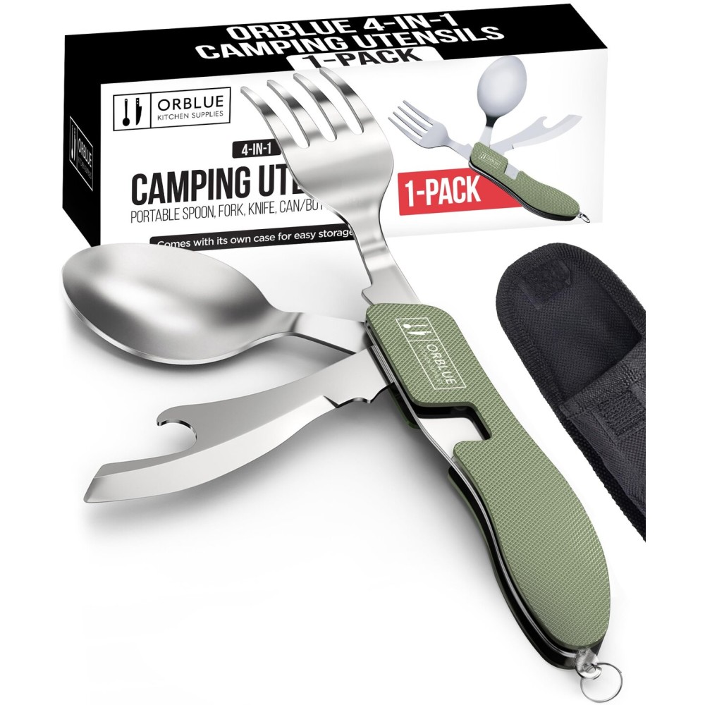 Orblue 4-in-1 Camping Utensils, 1-Pack, Portable Stainless Steel Spoon, Fork, Knife & Bottle Opener Combo Set - Travel, Backpacking Cutlery Multitool Olive Green