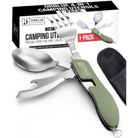 Orblue 4-in-1 Camping Utensils, 1-Pack, Portable Stainless Steel Spoon, Fork, Knife & Bottle Opener Combo Set - Travel, Backpacking Cutlery Multitool Olive Green