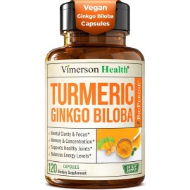 Ginkgo Biloba and Turmeric Curcumin Supplement with Black Pepper & Organic Tumeric - Natural Turmeric Supplement for Focus, Memory, Joint & Brain Health - 120 Vegan Ginko Biloba Capsules with Curcuma