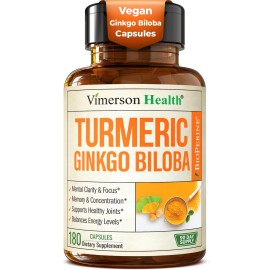 Ginkgo Biloba and Turmeric Curcumin Supplement with Black Pepper & Organic Tumeric - Natural Turmeric Supplement for Focus, Memory, Joint & Brain Health - 180 Vegan Ginko Biloba Capsules with Curcuma