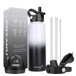 Water Bottle Insulated 32oz 40oz 64oz 128oz Straw Lid Spout Lid & 3 Lids, Leak Proof, Vacuum Insulated,Stainless Steel Water Bottle Wide Mouth for Sports, Gym or Office (Day & Night, 40 oz)