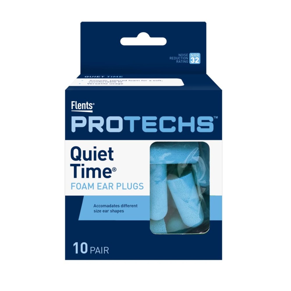 Flents Protechs Foam Ear Plugs for Sleeping, Snoring, Traveling, Concerts, Construction & Studying, Ultra Soft & Comfortable, Blue, 10 Pairs, NRR 32 Hearing Protection for Loud Noise