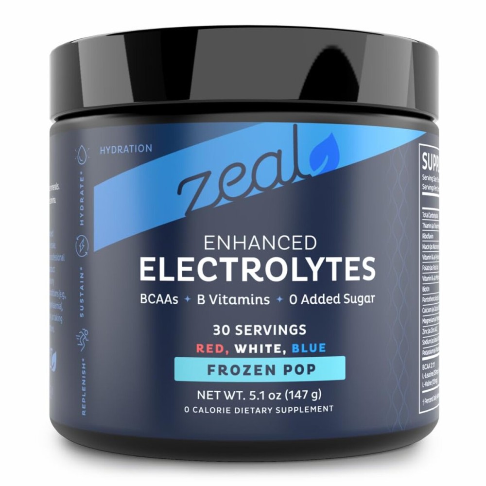 Zeal Electrolyte Powder - 30 Servings | Keto Electrolytes Powder | Zero Sugar, BCAAs, B-Vitamins | Potassium, Zinc, Magnesium | Hydration Powder Recovery Drink | Red White Blue Frozen Pop