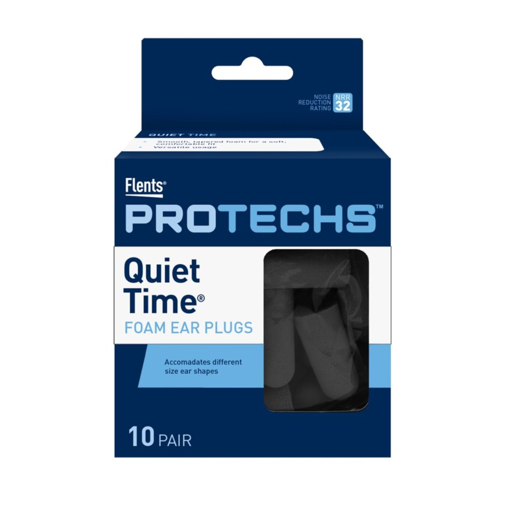 Flents Protechs Foam Ear Plugs for Sleeping, Snoring, Traveling, Concerts, Construction & Studying, Ultra Soft & Comfortable, Black, 10 Pairs, NRR 32 Hearing Protection for Loud Noise
