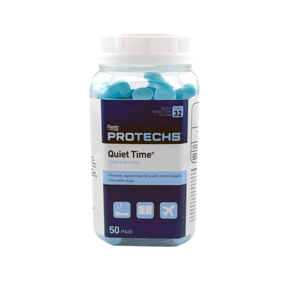 Flents Protechs Foam Ear Plugs for Sleeping, Snoring, Traveling, Concerts, Construction & Studying, Ultra Soft & Comfortable, Blue, 50 Pairs, NRR 32 Hearing Protection for Loud Noise