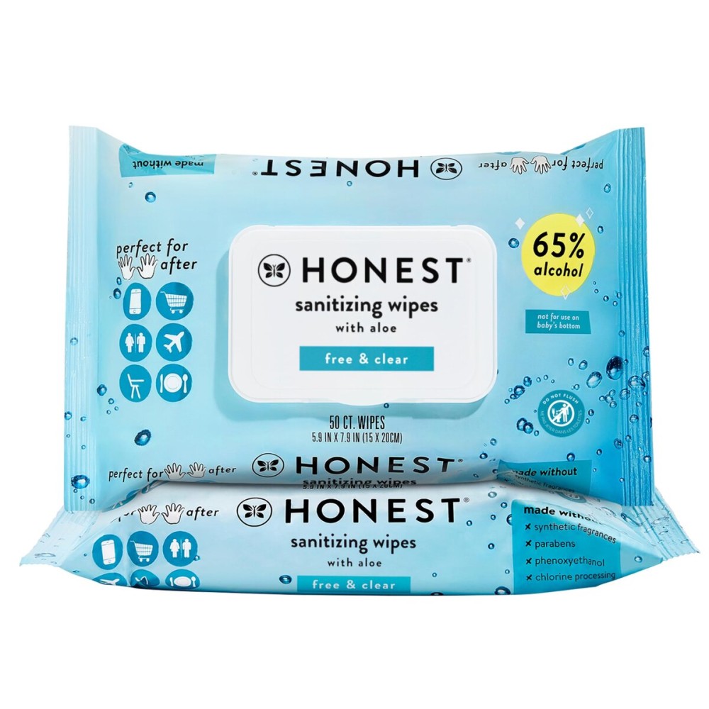 The Honest Company Fragrance Free Sanitizing Alcohol Wipes | Antibacterial + Safe for Hands | Kills 99% of Germs, Made With Aloe | 100 Count (2 Packs of 50)
