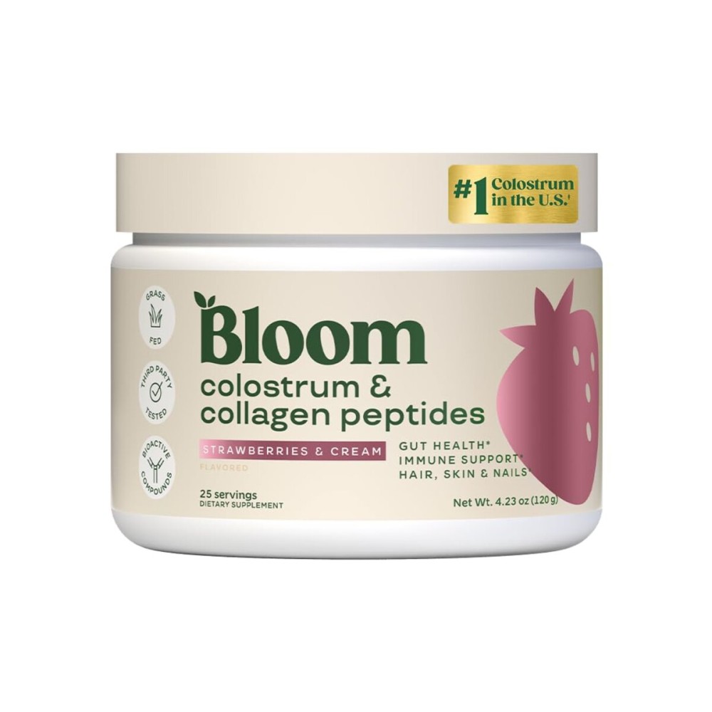 Bloom Nutrition Bovine Colostrum Powder with Vitamin B-12 for Gut Health, Immune Support, Hair Growth & Beauty Supplement | Strawberry, 25 Servings