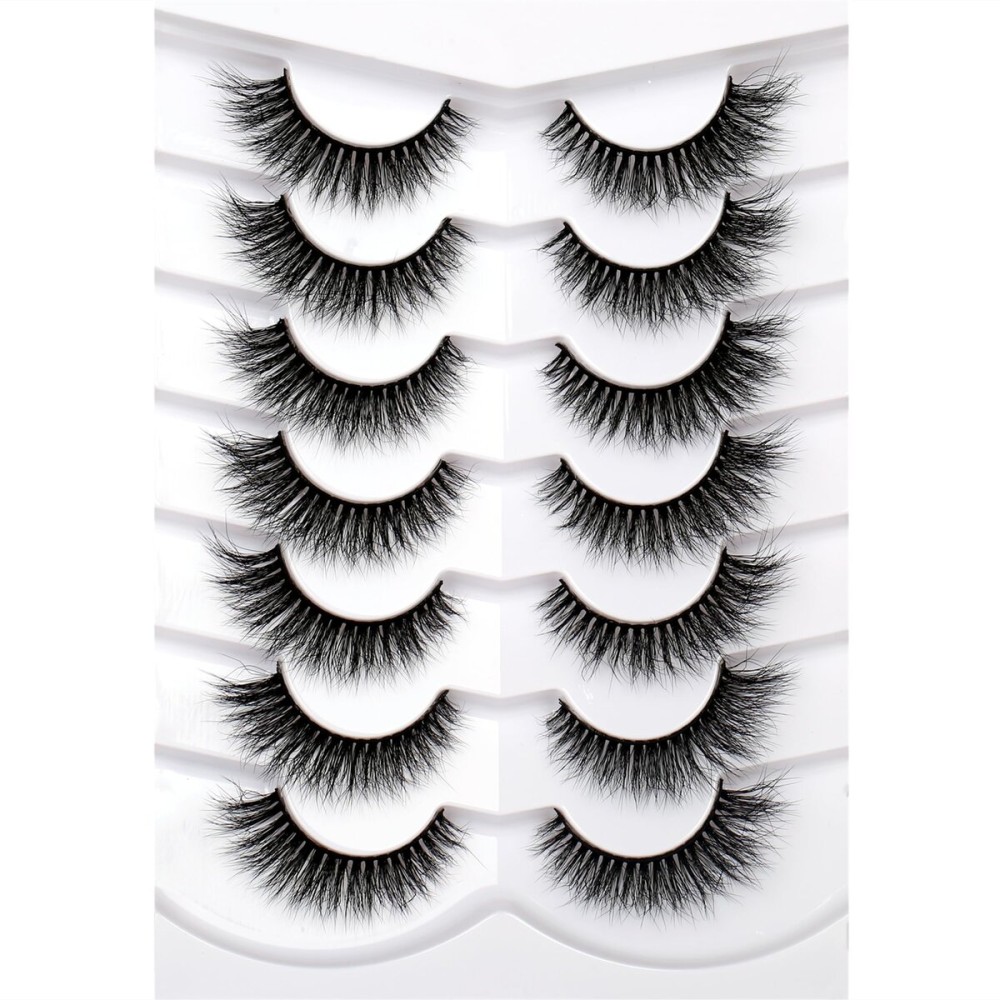 Pooplunch False Eyelashes Cat Eye Look Wispy Lashes Short Natural 8D Extension Volume Soft Faux Mink Lashes Fake Eyelash Strips 7 Pairs Pack