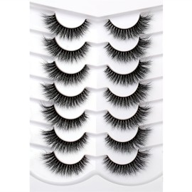Pooplunch False Eyelashes Cat Eye Look Wispy Lashes Short Natural 8D Extension Volume Soft Faux Mink Lashes Fake Eyelash Strips 7 Pairs Pack