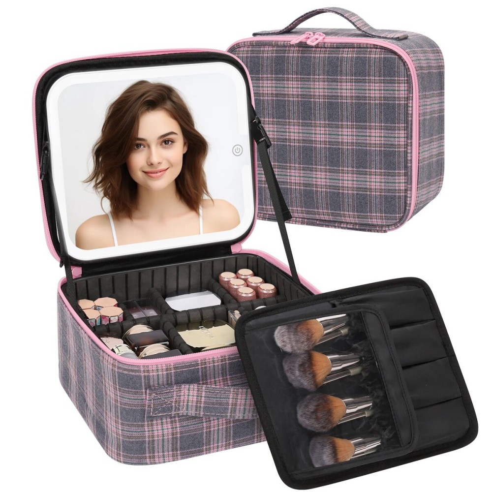 TANTO Makeup Bag With LED Mirror, Travel Makeup Case with Light up Mirror Large Cosmetic Case with 3 Color Lighted Portable Organizer Bag with Adjustable Dividers(Pink/Grey Stripes-Canvas, Small)