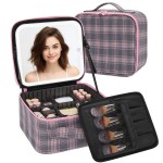 TANTO Makeup Bag With LED Mirror, Travel Makeup Case with Light up Mirror Large Cosmetic Case with 3 Color Lighted Portable Organizer Bag with Adjustable Dividers(Pink/Grey Stripes-Canvas, Small)