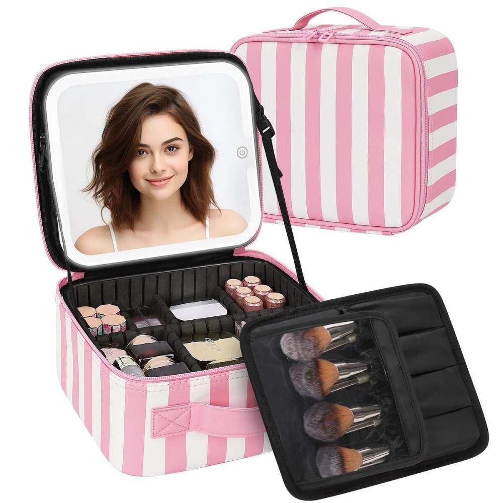 TANTO Makeup Bag With LED Mirror, Travel Makeup Case with Light up Mirror Large Cosmetic Case with 3 Color Lighted Portable Organizer Bag with Adjustable Dividers (Pink/White Stripes, Small)