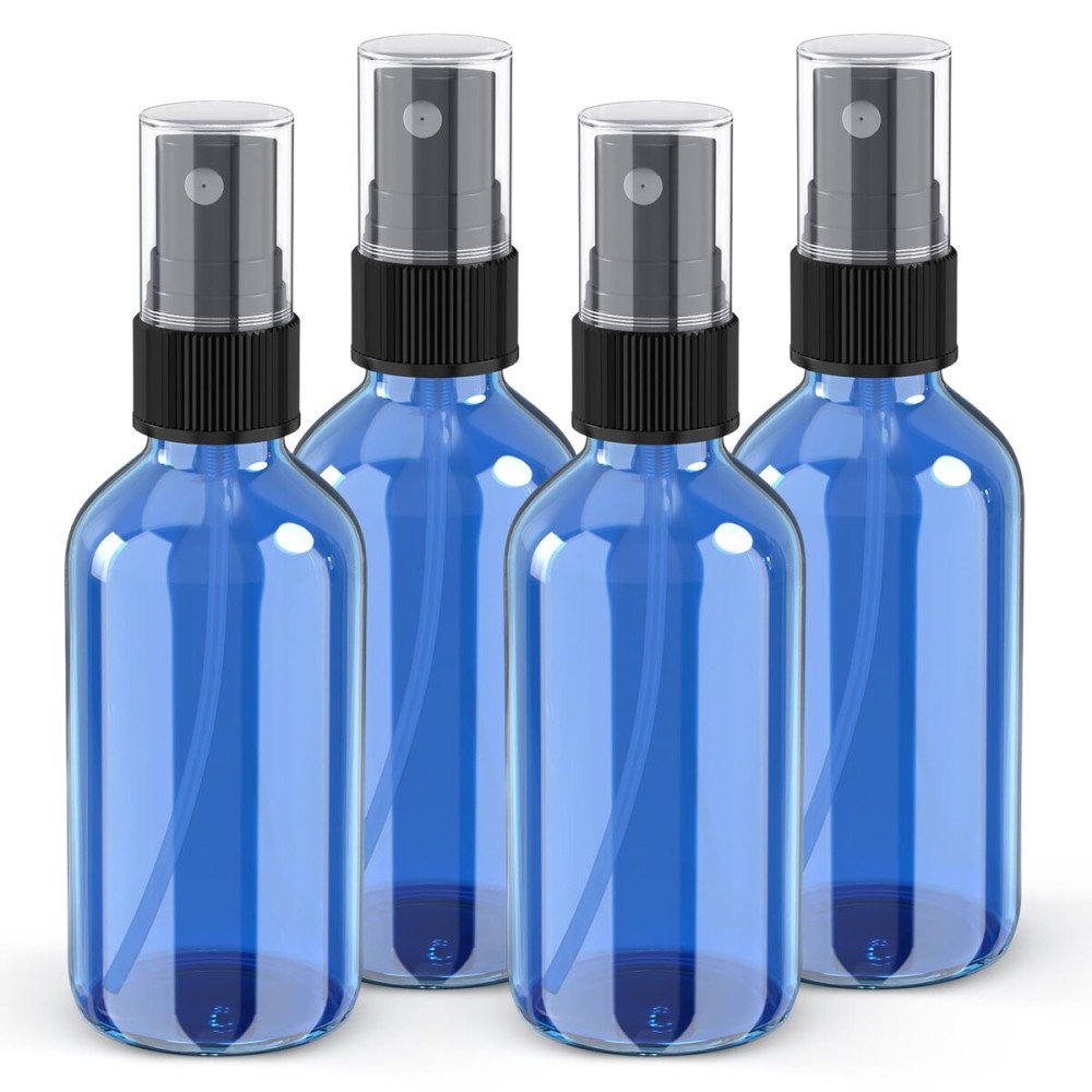 Wedama 4 oz Mini Glass Spray Bottles, Empty Small Spray Bottles with Funnel Dropper, Fine Mist for Hair, Travel, Plants, Cleaning Solutions and Skin Care (4 Pack Sky Blue)