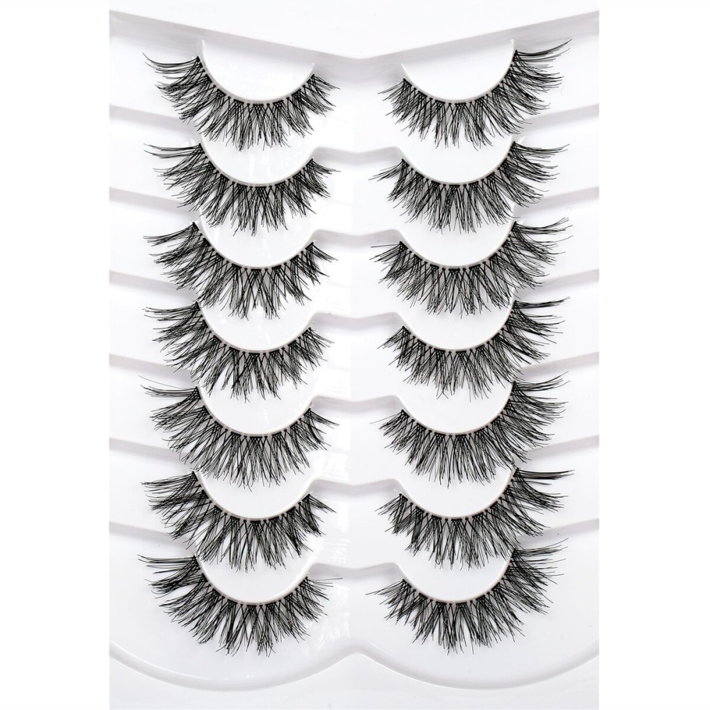 Pooplunch False Eyelashes Hand-Knotted Natural Cat Eye Look Wispy Extensions Fake Eyelash Faux Mink Lashes Strips 7 Pairs Pack