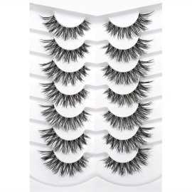 Pooplunch False Eyelashes Hand-Knotted Natural Cat Eye Look Wispy Extensions Fake Eyelash Faux Mink Lashes Strips 7 Pairs Pack