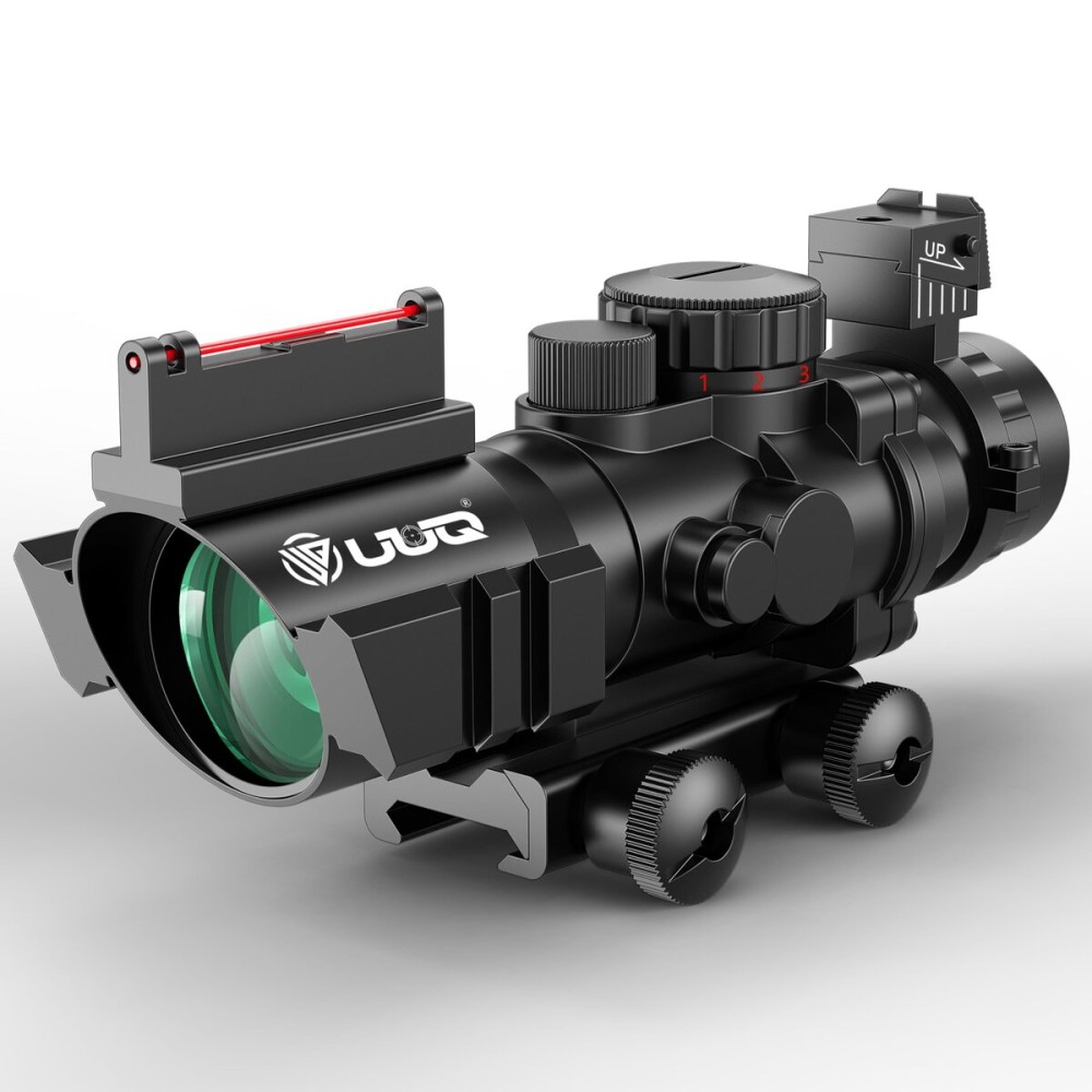 UUQ Prism 4x32 Red/Green/Blue Triple Illuminated Rapid Range Reticle Rifle Scope W/Top Fiber Optic Sight and Weaver Slots (Dot Circle Reticle)