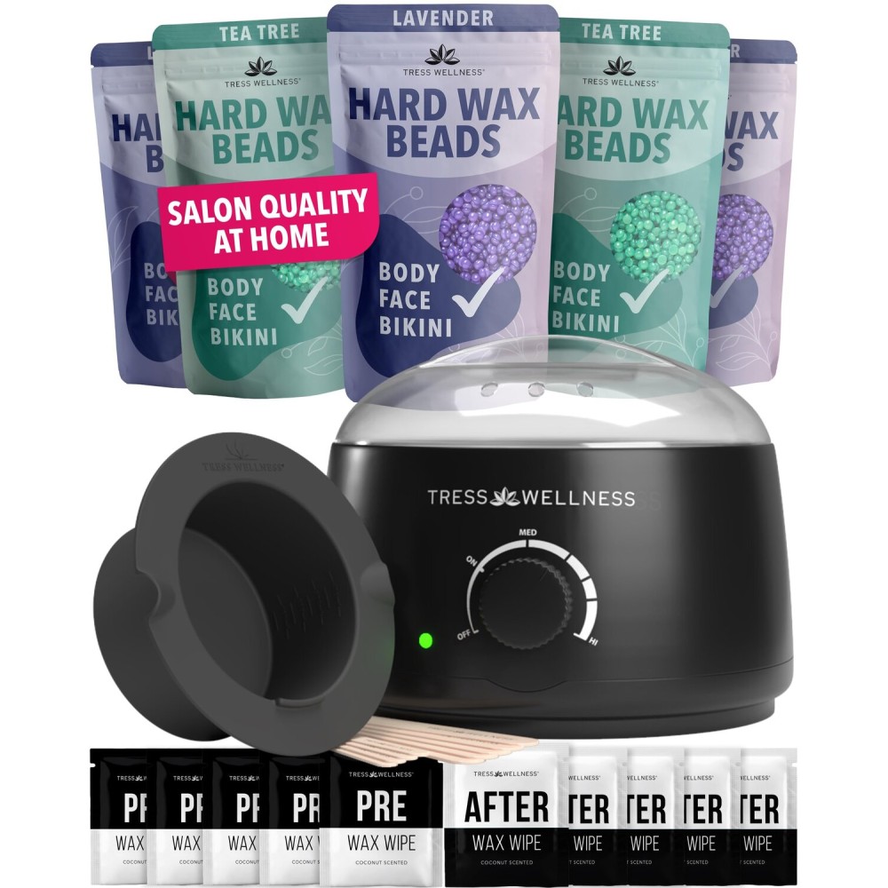 Tress Wellness Waxing Kit for Sensitive Skin - Safe for Face & Skin, Prep & Aftercare Wipes, Easy to Use - At-Home Kit for Face, Bikini, Brazilian & Full Body - Black, No Display