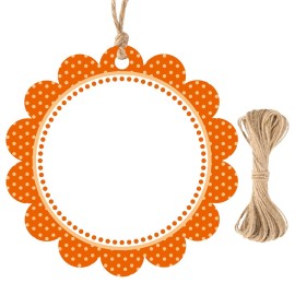 G2PLUS 50PCS Orange Scalloped Gift Tags, 2.5in Round Scalloped Gift Tags with String, Large Blank Paper Hanging Labels Craft Tag with Orange and White Polka Dots Edge Design for Arts Crafts Packaging