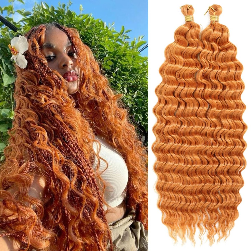 Eerya Long Curly Braiding Hair 18 Inch 2 Packs Ginger Orange Deep Ocean Wave Crochet Hair for Black Women Deep Wave Braiding Hair for Boho Braids (18 inch, Ginger orange)