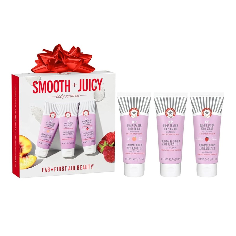 First Aid Beauty Smooth + Juicy Body Scrub Kit: KP Bump Eraser Body Scrub with 10% AHA, Daily Exfoliation Keratosis Pilaris Set to Help Reduce Chicken Skin Bumps; Strawberry, Peach, & Original (2 oz)