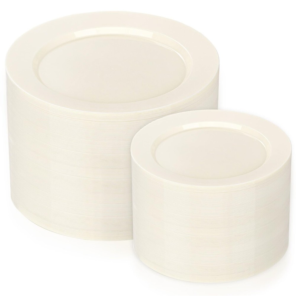 I00000 200 Pcs Ivory Plastic Plates, Disposable Party Plates Include 100 Ivory Dinner Plate 10 and 100 Plastic Dessert Plate 7 Perfect for Birthday, Party & Wedding