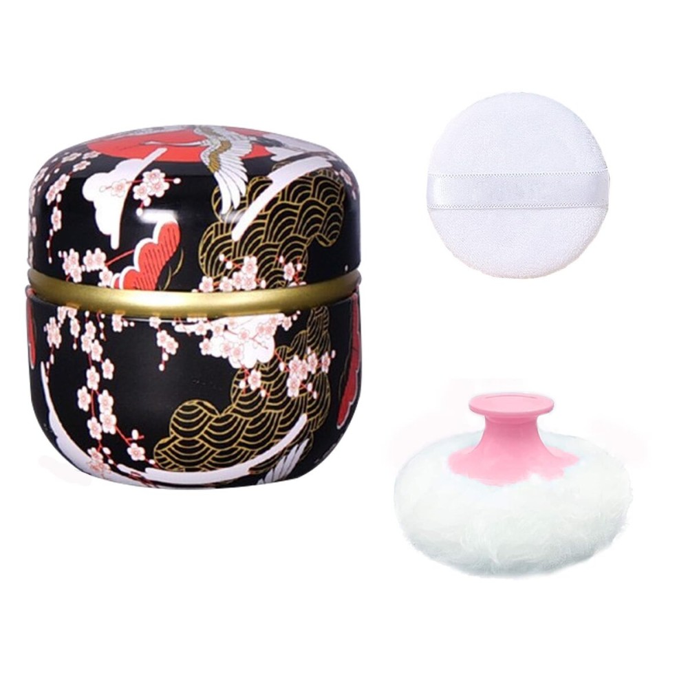 Qopoto Body Powder Puff and Container for Dusting Powder, Women Powder Puff and Powder Case for Bath and Travel (Crane Black)