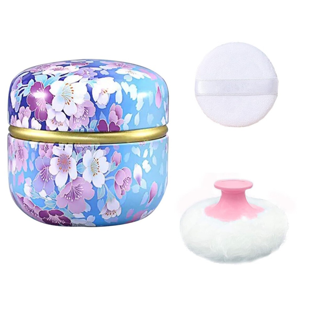 Qopoto Body Powder Puff and Container for Dusting Powder, Women Powder Puff and Powder Case for Bath and Travel (Sky Blue)