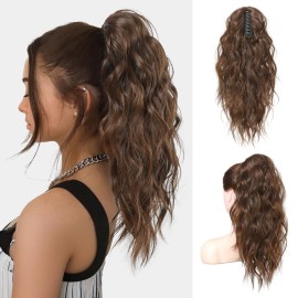 FLUFYMOOZ Ponytail Extension, 18 Inch Claw Clip Ponytail Extension, Wavy Curly Claw Clip in Ponytail Hair Extensions, Natural Fake Ponytail Synthetic Hairpiece for Women (Medium Chocolate Brown)