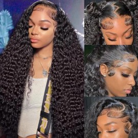 Rozilo Aomllute 34 Inch Lace Front Wig Human Hair Pre Plucked 200 Density 13x4 HD Deep Wave Lace Frontal Wigs Human Hair with Baby Hair Curly lace front Wigs for Women Natural Black