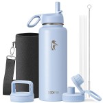 Water Bottle 32 oz Insulated with Straw, Coolflask Stainless Steel Metal 3 Lids Water Flask Wide Mouth for Sports or Office, Non-BPA Keep Cold Up to 48 Hrs or Hot Up to 24 Hrs, Light Blue