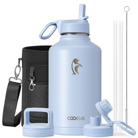 Half Gallon Water Bottle Insulated with Straw & 3 Lids, Coolflask 64 oz Water Jug Large Metal Stainless Steel Wide Mouth for Sports, Gym or Office, Non-BPA Keep Cold 48H Hot 24H, Light Blue