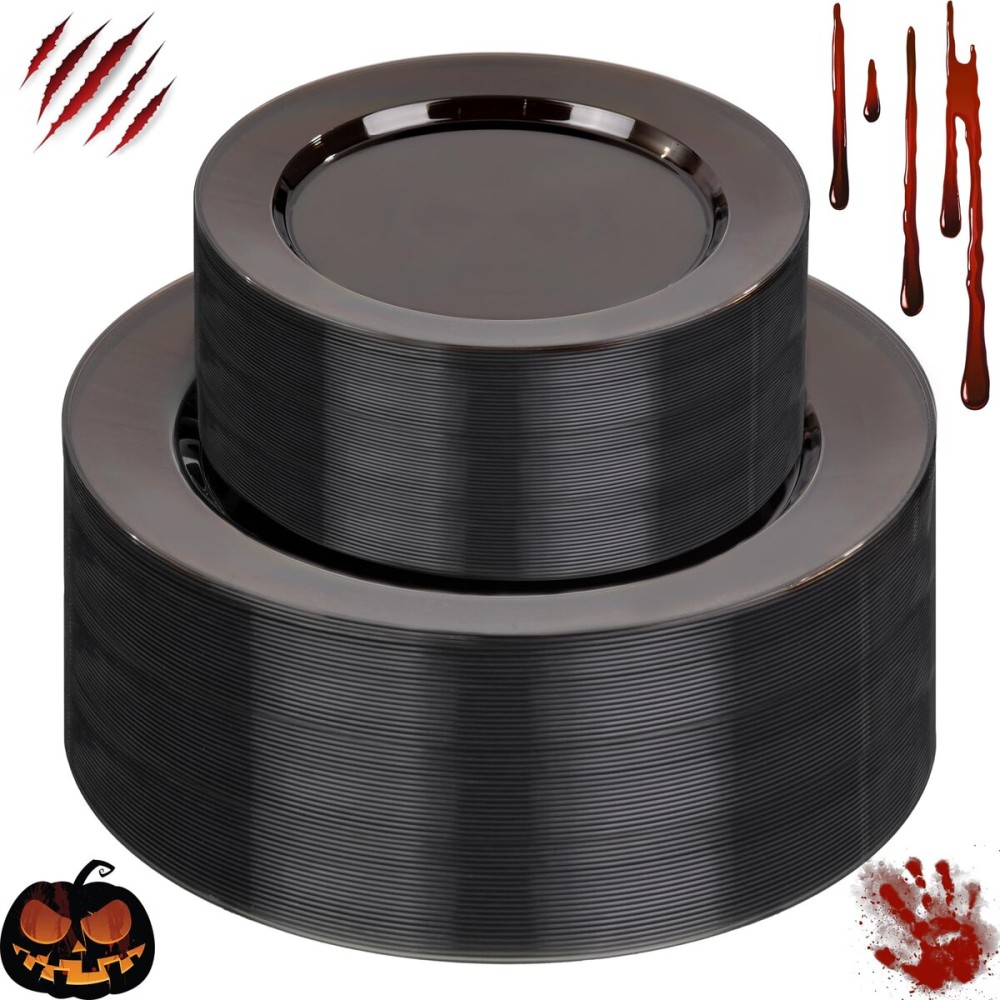 I00000 102 Pcs Clear Black Plastic Plates, Black Disposable Party Halloween Plates Include 51 Dinner Plate 10 and 51 Dessert Plate 7 Perfect for Wedding, Party & Halloween