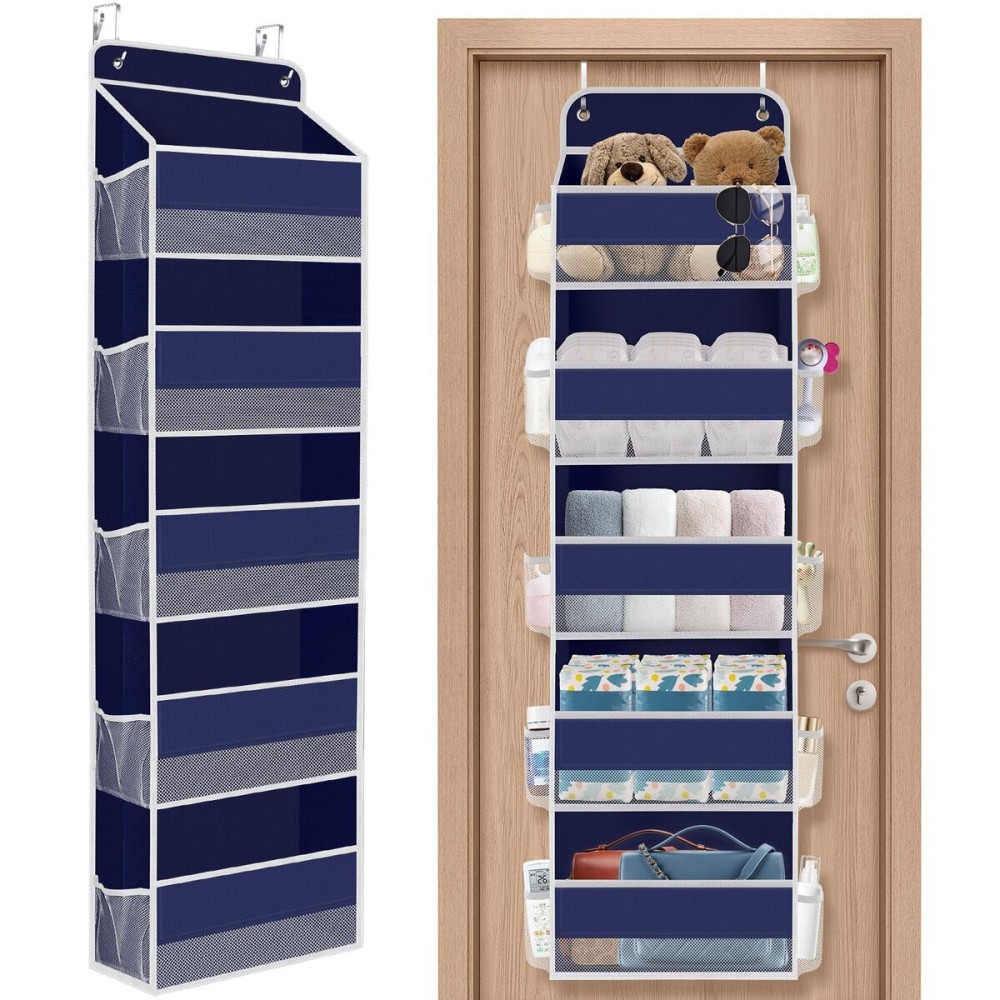 SpaceHacks 1 Pack Over The Door Organizer, Hanging Storage Organizer with Clear Window, 40lb Ultra Sturdy Large Capacity Room Organizer for Pantry Laundry Bathroom Nursery Closet (Blue)